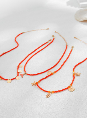 3件套扇贝米珠项链套装 欧美新潮嘻哈时尚海边旅行度假配锁骨链