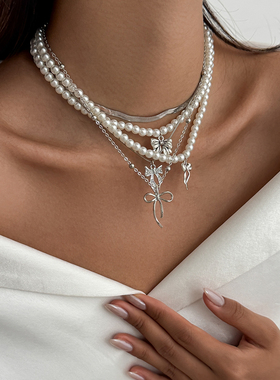 5件套蝴蝶结仿珍珠扁蛇骨链项链套装 夏季时尚百搭叠戴锁骨链潮人