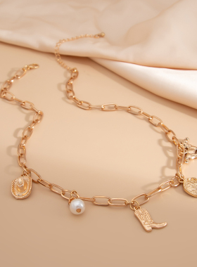 靴子牛仔帽仿珍珠十字链手链项链女 欧美个性复古时尚百搭锁骨链