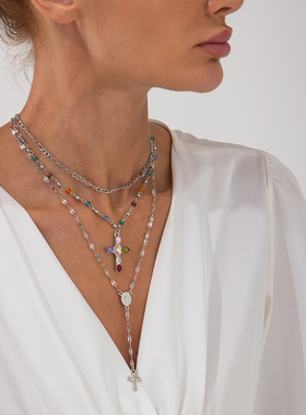 3件套十字架水晶项链套装 欧美风轻奢时尚女生外出约会逛街配饰品