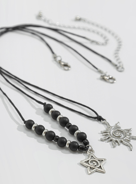 2件套太阳五角星磨砂珠子蜡线项链套装 复古个性网红旅拍长款颈链