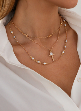 3件套仿珍珠十字架项链套装 欧美2026夏季个性时尚叠戴锁骨链潮