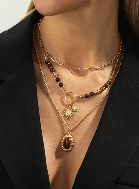 3件套树脂虎石珠子吊坠项链套装 欧美新款时尚个性叠戴锁骨链潮人