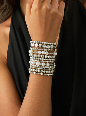 12件套仿珍珠CCB手链套装 欧美2025冬季新潮时尚嘻哈个性叠戴饰品