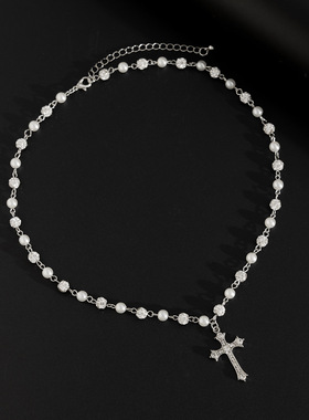 男款十字架钻球仿珍珠项链 欧美2026新潮时尚个性小众设计锁骨链