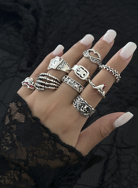 9件套扑克图腾戒指套装 欧美复古时尚潮流网红拍照搭配服装饰品