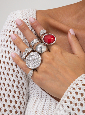 7件套红钻褶皱戒指套装 欧美2025冬季潮嘻哈时尚网红旅拍指环组合