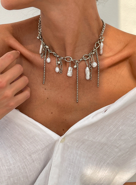 流苏仿珍珠金属项链女欧美2026春季嘻哈时尚个性网红写真拍照饰品