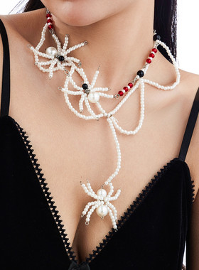 水晶珍珠编织蜘蛛双层项链女欧美新潮时尚个性小众设计万圣节饰品