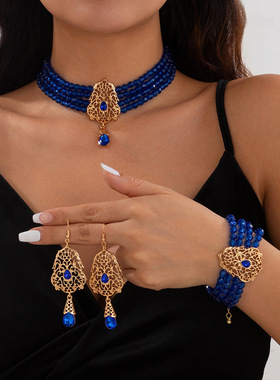 仿水晶珠饰多层手链耳环项链套装欧美轻奢优雅模特舞台走秀配饰品