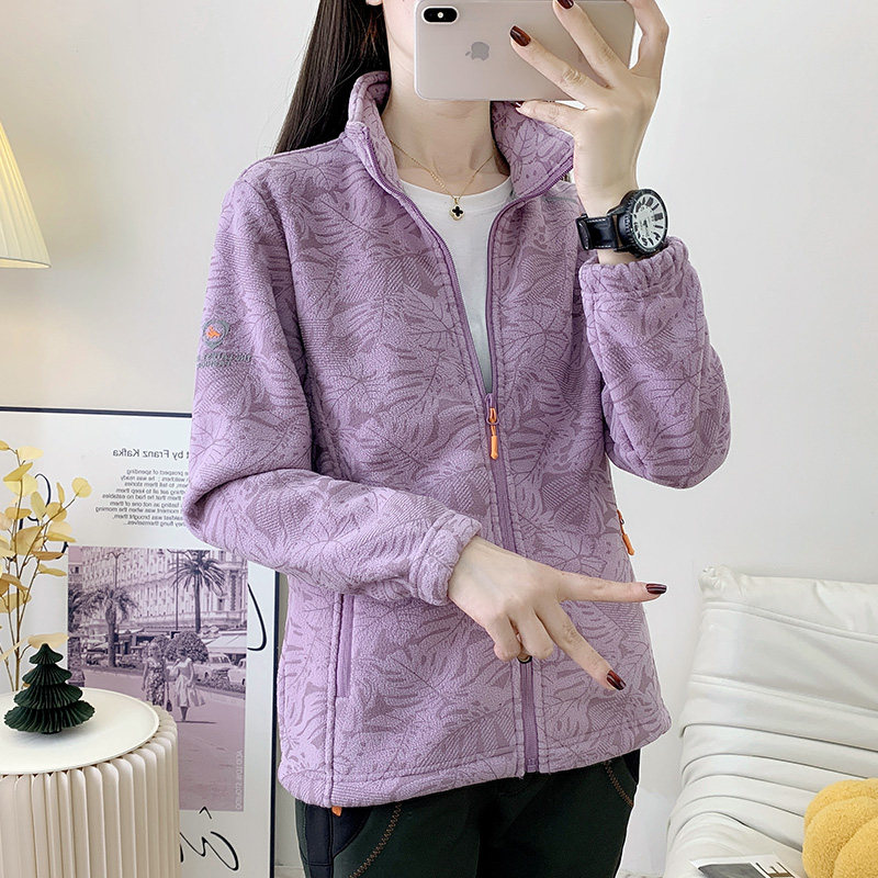 立领摇粒绒外套秋冬季女开衫卫衣枫叶提花户外运动弹力保暖抓绒衣,淘宝优惠券,粉丝福利购,淘宝优惠卷