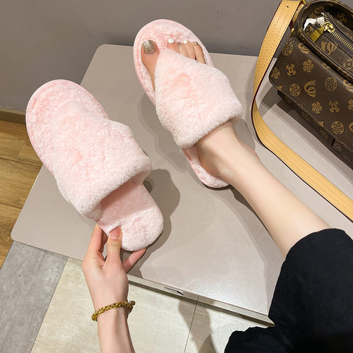 跨境夹脚毛毛棉拖鞋女2025秋冬新居家时尚平跟仿兔毛人字拖鞋外贸 - 图1