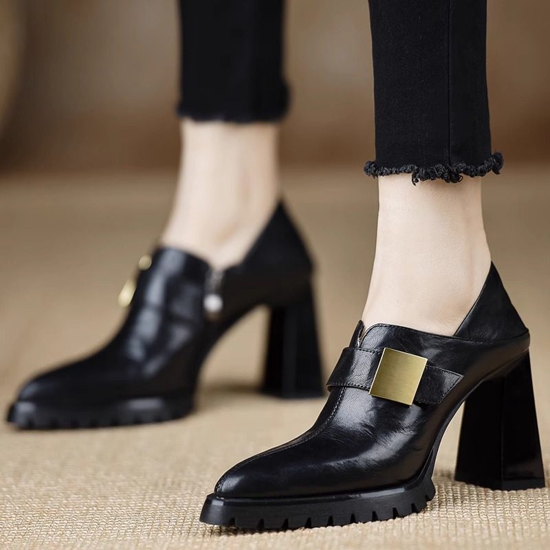 2025年春季新款手工女鞋浅口单鞋高跟软皮防水台尖头咖啡色小皮鞋,淘宝优惠券,粉丝福利购,淘宝优惠卷