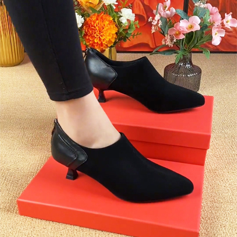 高跟鞋低跟小跟磨砂绒面皮鞋女2025新款春秋百搭尖头真皮深口单鞋,淘宝优惠券,粉丝福利购,淘宝优惠卷