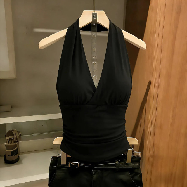 ເສື້ອຢືດຄໍ V-neck pleated slim fit sleeveless top