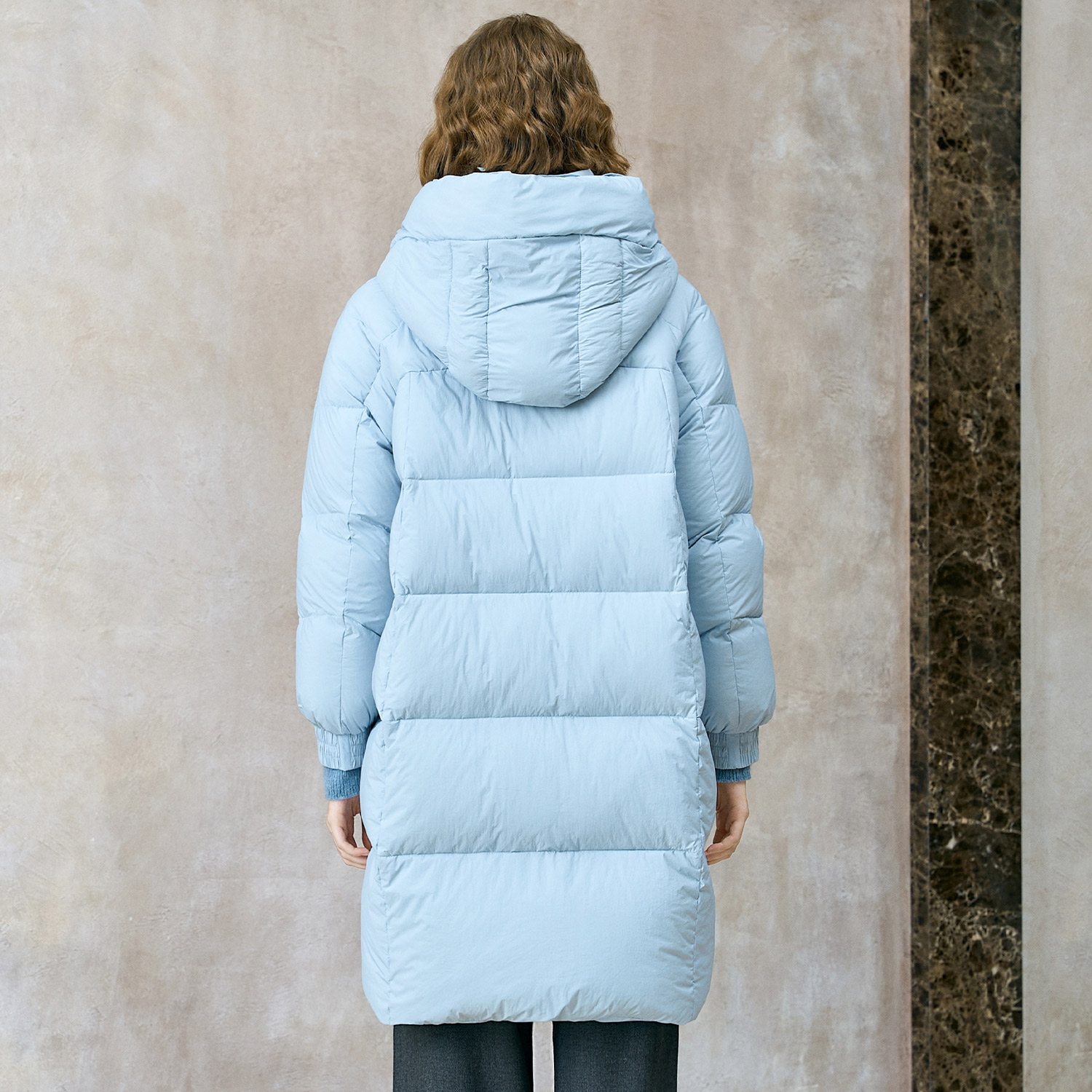 颜域蓝色中长款羽绒服女士2025新款冬季加厚锁温连帽防寒鸭绒外套 - 图2