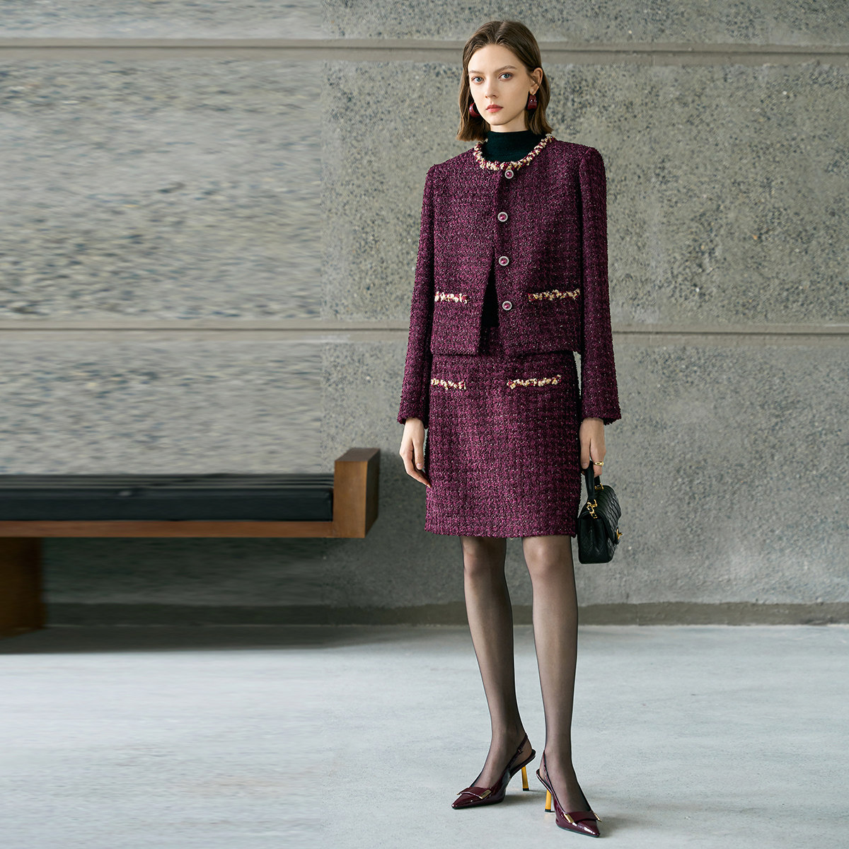 颜域酒红色小香风搭配一整套女冬2025新款毛呢外套半身裙两件套装,淘宝优惠券,粉丝福利购,淘宝优惠卷