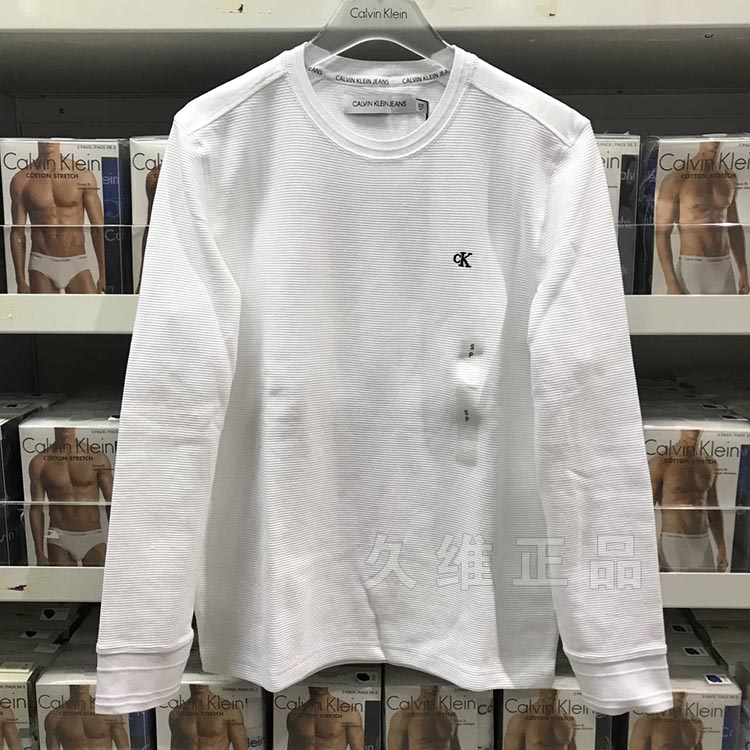 CK Calvin Klein新款男士时尚大标华夫纹纯棉圆领套头长袖T恤潮
