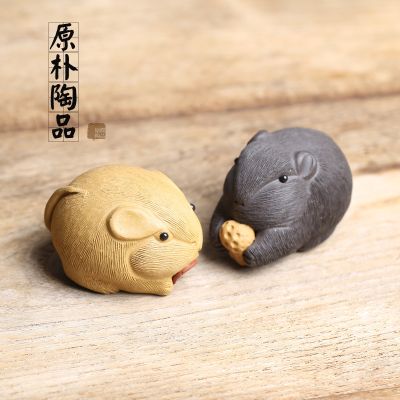 包郵宜興手工紫砂沙茶玩小雕塑金蟾蜍茶寵具抱錢招財老鼠擺件配件