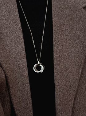 秋冬新款咖啡金圆环镶钻女时尚百搭气质长款毛衣链简约配饰