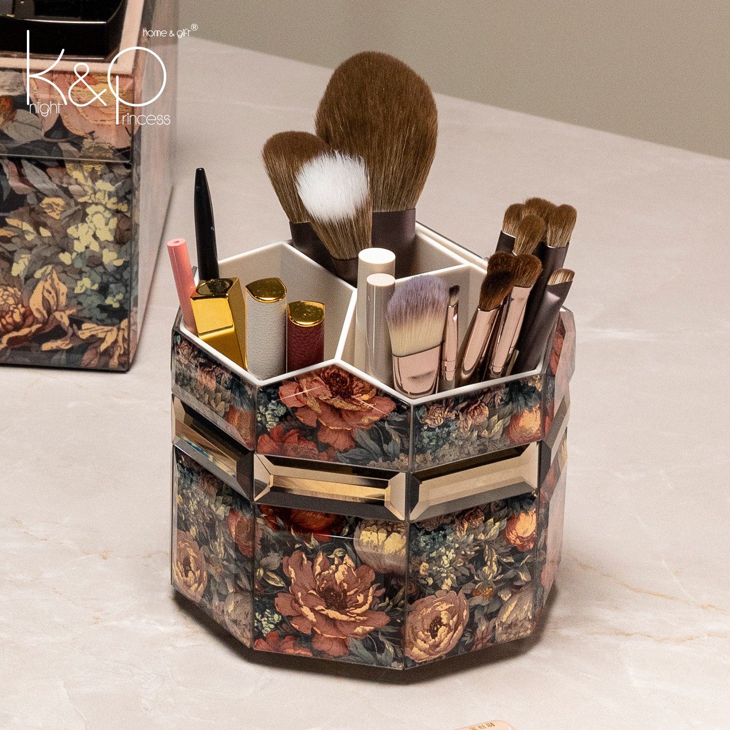 KP化妆品收纳盒旋转防尘化妆刷收纳筒梳妆台桌面口红眼影置物架 - 图1