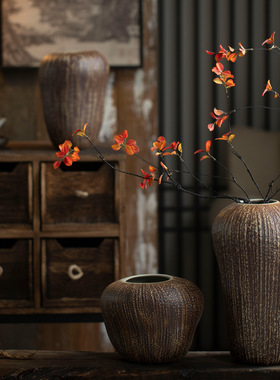 景德镇新中式木纹陶瓷花瓶复古粗陶花器家居民宿酒店台面装饰摆件