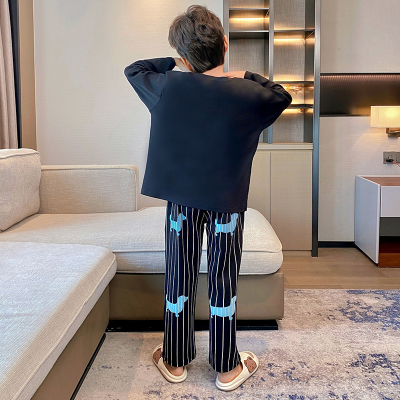 男童睡衣长袖春秋款儿童早秋纯棉中大童秋季套装男孩秋装14岁圆领 - 图1