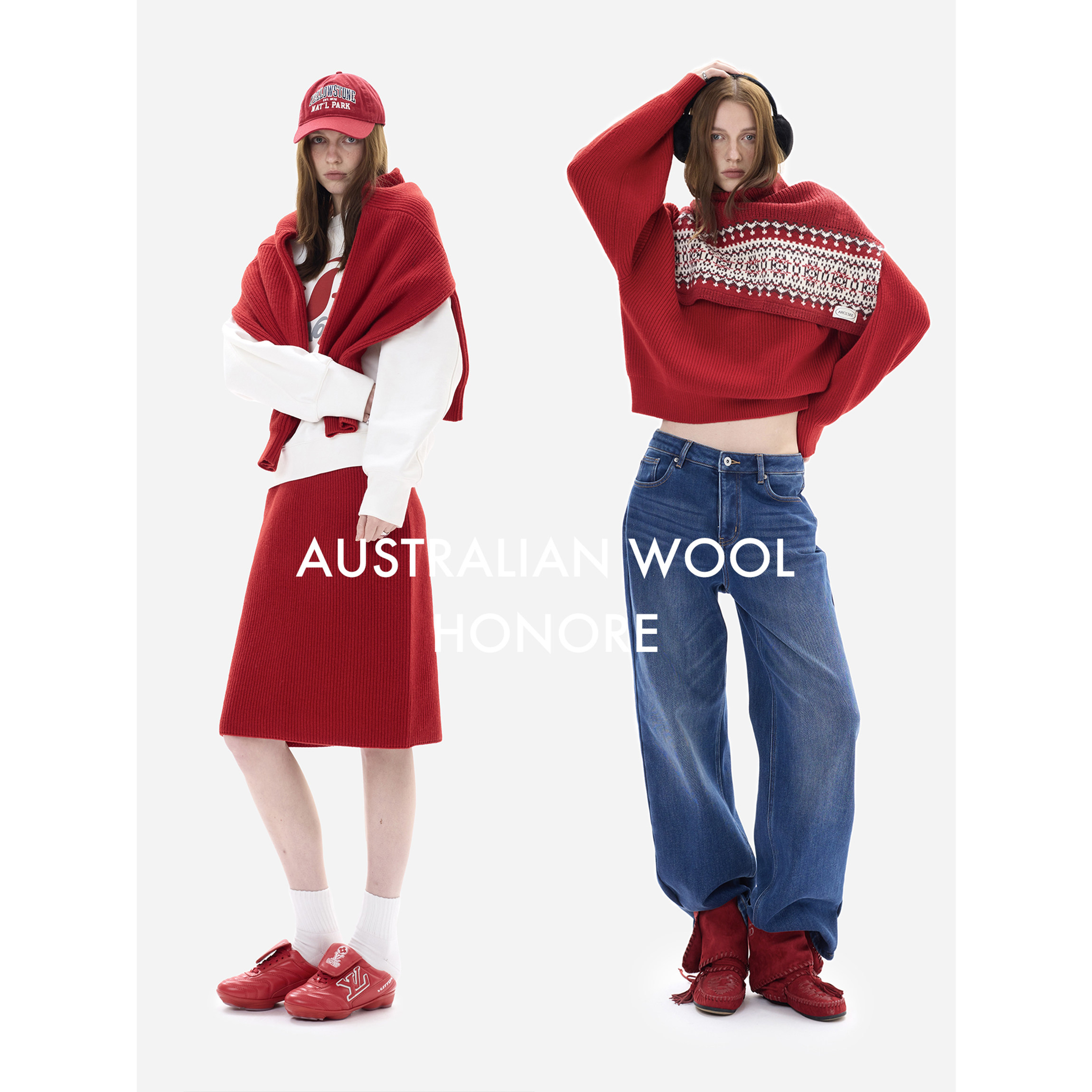 HONORE古月 新年限定 100%羊毛粗针针织V领宽肩落袖毛衣+半裙套装,淘宝优惠券,粉丝福利购,淘宝优惠卷