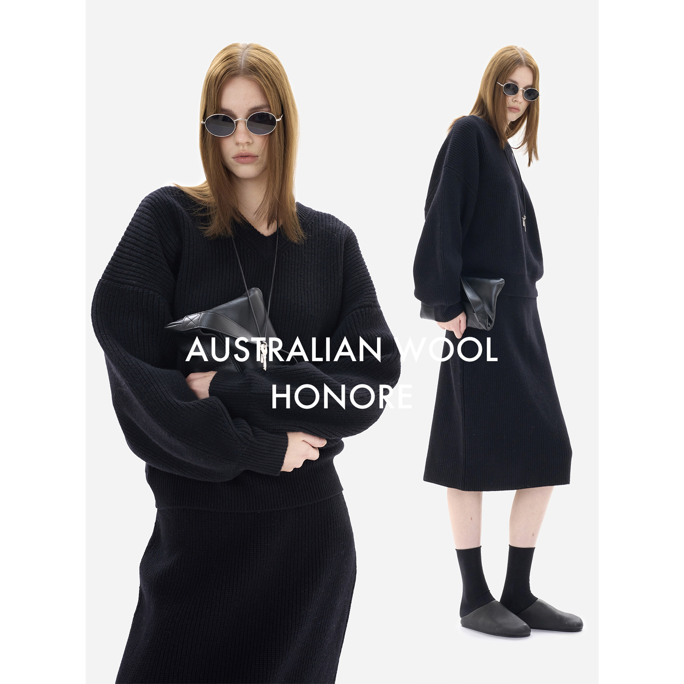 HONORE古月 新年限定 100%羊毛粗针针织V领宽肩落袖毛衣+半裙套装,淘宝优惠券,粉丝福利购,淘宝优惠卷