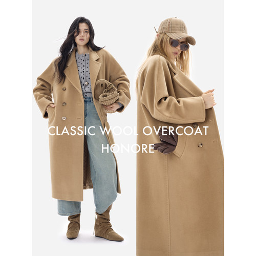 HONORE古月 限量MM家 经典1O1801 羊毛毛呢双排扣宽松落肩大衣 - 图0