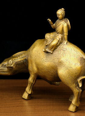 牧童骑黄牛书房铜器摆件牛角挂书