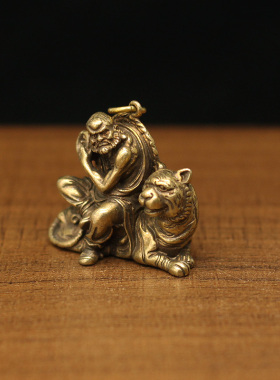 实心黄铜迷你降龙伏虎罗汉小摆件