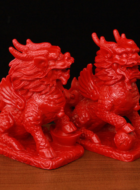天然朱砂财福麒麟摆件客厅工艺品
