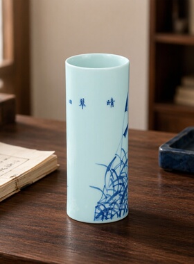 京德青花芦苇鸟花插景德镇手工瓶