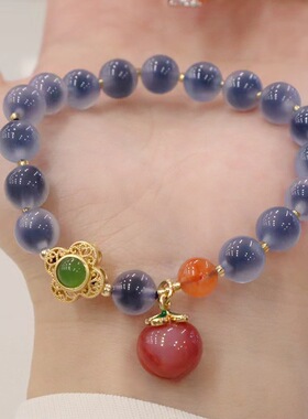 天然8m蓝溏心玛瑙手链女草莓晶平安扣宫廷风香灰琉璃手串礼物糖心