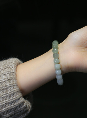 天然和田玉素珠手串 单圈渐变和田玉桶珠9*10mm玉石手链礼物