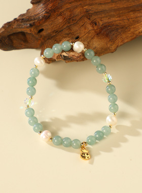 天然蓝水翡翠手串淡水珍珠手链钱袋吊坠国风气质饰品礼物首饰