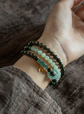 天然金丝楠木多圈手串晴水和田玉叠戴手链女生木质文玩阴沉木盘串