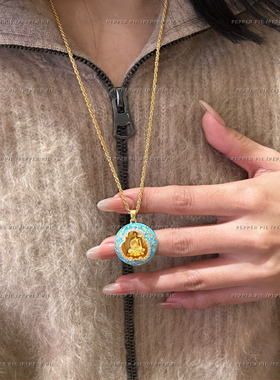 辣椒派绝美Tiff蓝珐琅无量佛毛衣链女 寓意希望与光明高级感中式