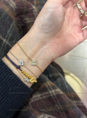 辣椒派口碑福利款不掉色银色钛钢镀金四叶草满钻手链女迷你鼻屎钻