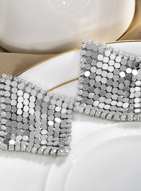 欧美轻奢金色水钻菱形几何耳钉