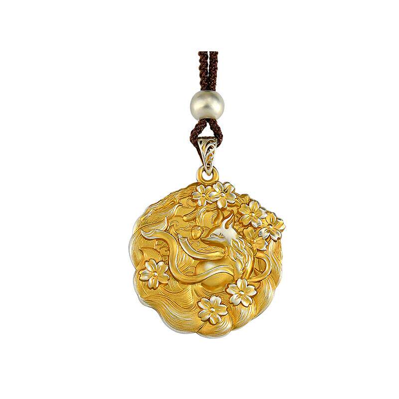 9999足银桃花狐狸吊坠女描金中式金纹颂九尾狐毛衣链挂坠马年礼物,淘宝优惠券,粉丝福利购,淘宝优惠卷