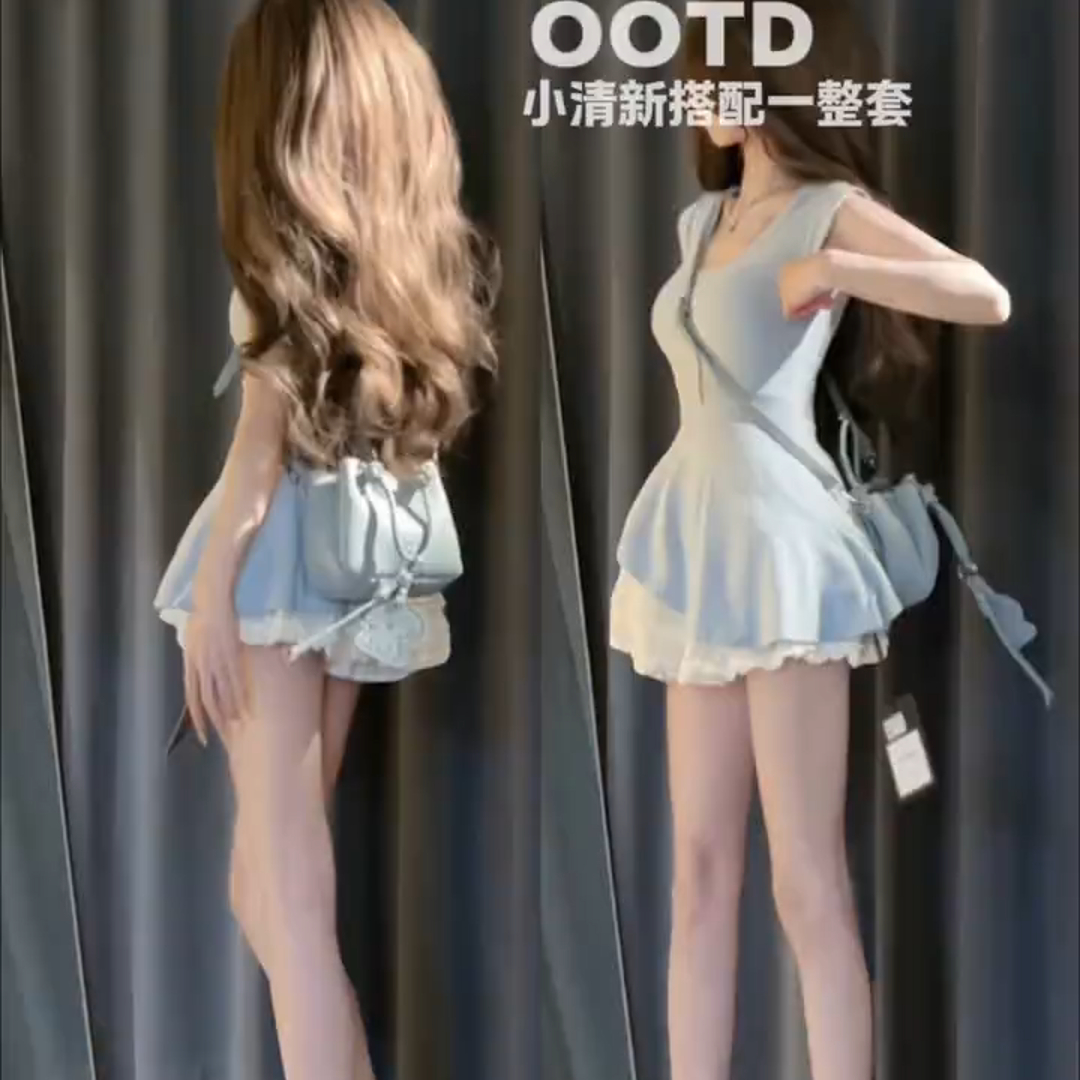 夏季时尚百搭纯欲风不规则收腰无袖系带上衣女温柔蓬蓬短裙两件套 - 图0