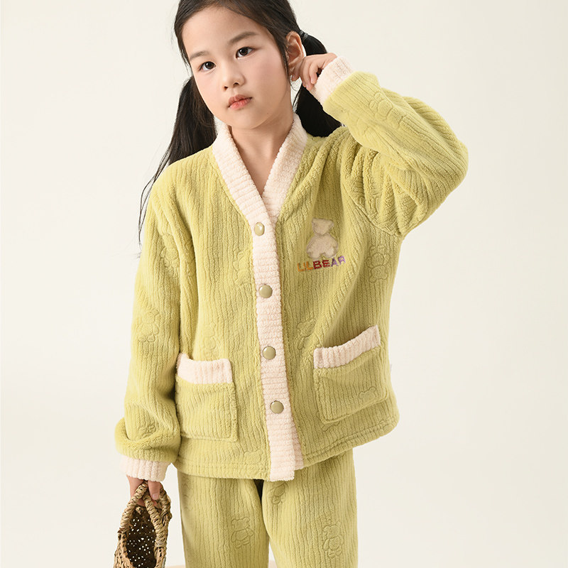 米筱米儿童秋冬牛奶绒加厚保暖V领撞色A类长袖睡衣套女童家居服,淘宝优惠券,粉丝福利购,淘宝优惠卷