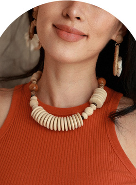 海岛波西米亚度假风木珠大项链