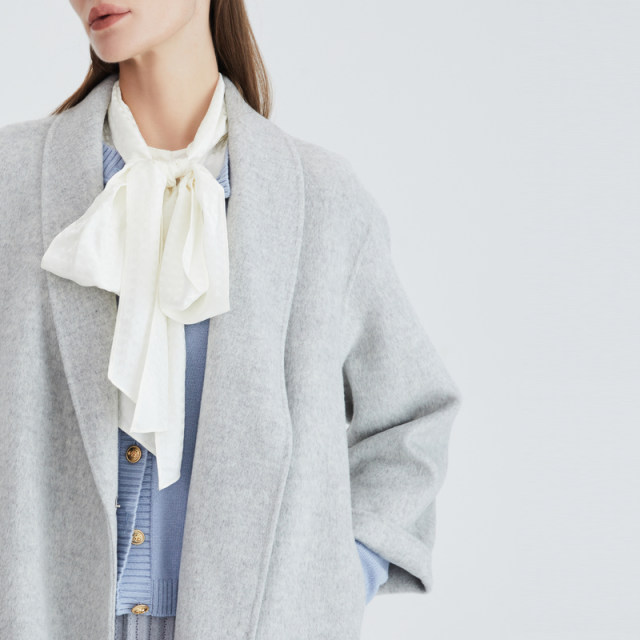 OBEG欧碧倩羊毛双面呢大衣长款冬简约收腰兔毛外套10424041