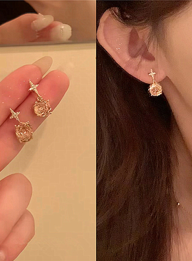 橘色玫瑰切面锆石星星耳钉