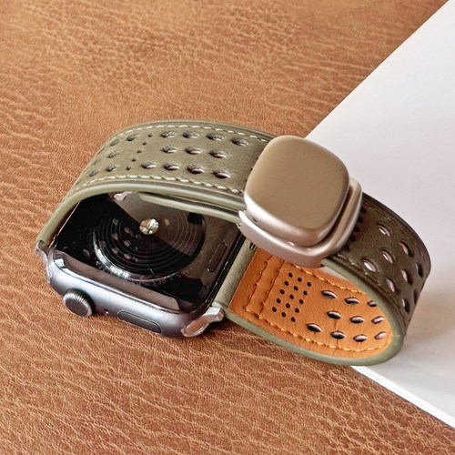 透气洞洞皮革se磁吸折叠iwatch表带s11适用applewatch苹果手表s10 - 图1