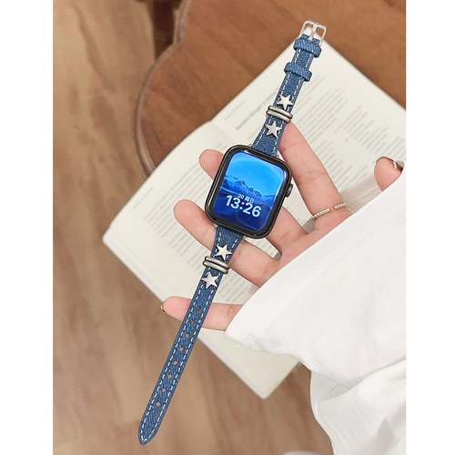 日系牛仔星星皮革小蛮腰小众iwatch表带S10适用苹果SE手表789女款 - 图1