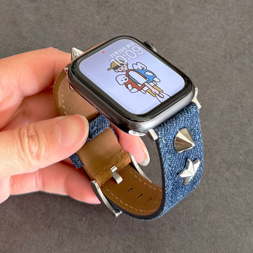 复古翻毛皮牛仔拼色金属iwatch表带se适用S10苹果手表新款秋冬789 - 图3